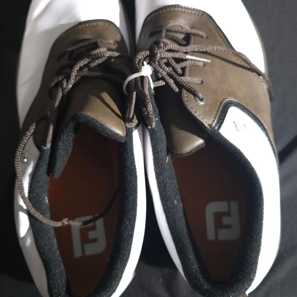 FootJoy Golf Shoes Mens 12 White Brown Saddle Spiked Athletic Cleats 57022